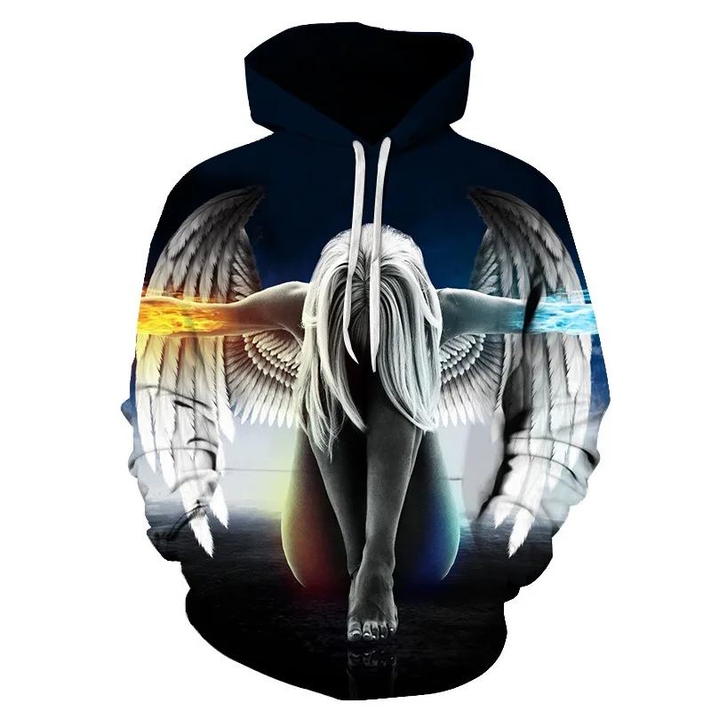 

New Fire and Ice Angel With Wings Hoodies Men Women Hooded 3D Sweatshirts Printed Hoody Loose Hip Hop Tracksuits Thin Pullover