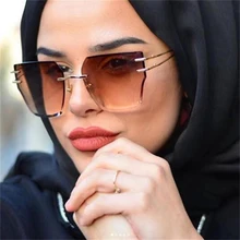 Квадратные женские солнцезащитные очки без оправы, винтажные негабаритные солнечные очки, роскошные брендовые дизайнерские солнцезащитные очки с большими кристаллами и градиентом коричневого цвета