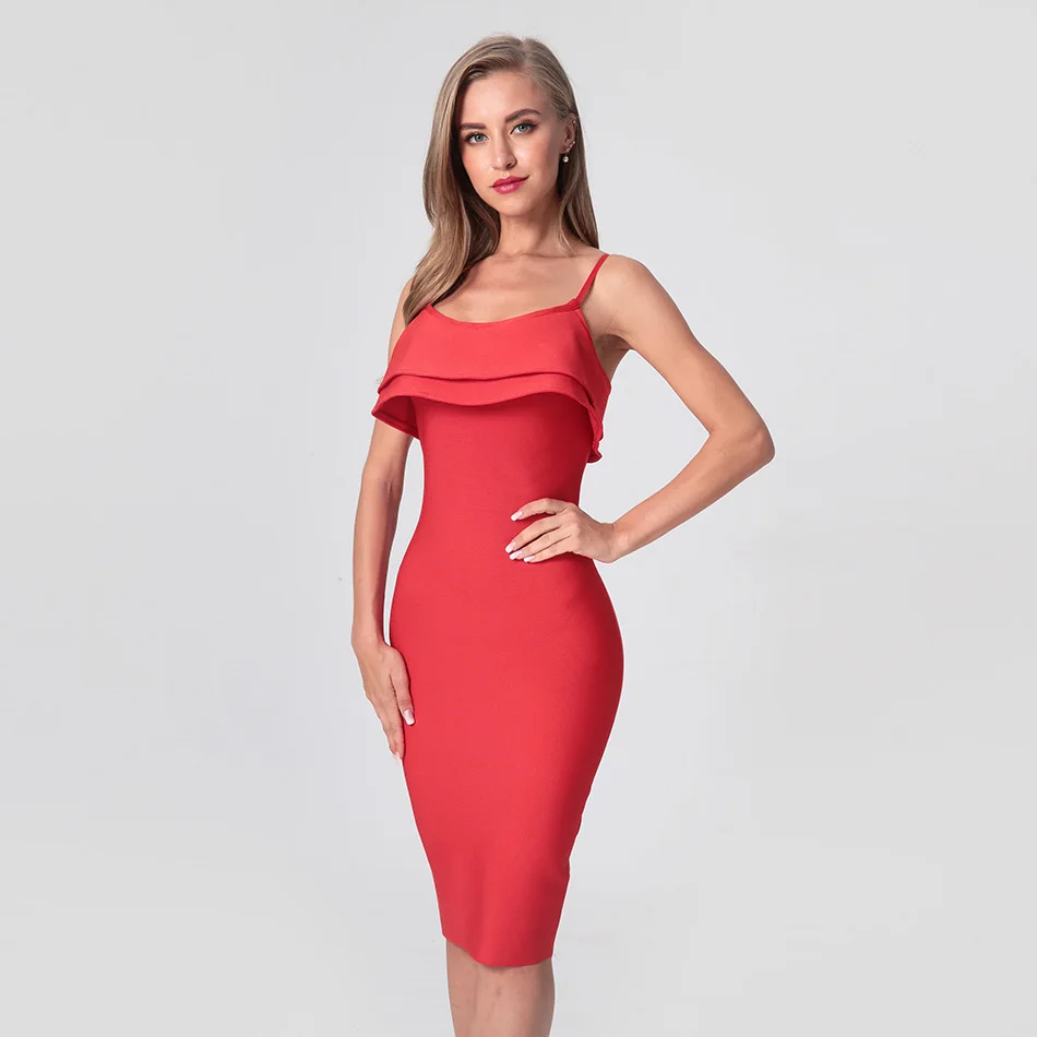

Elegant Bandage Dress Sleeveless Spaghetti Strap Women Sexy Club Evening Party Dresses Ruffles Lady Robe Femme Summer Vestidos