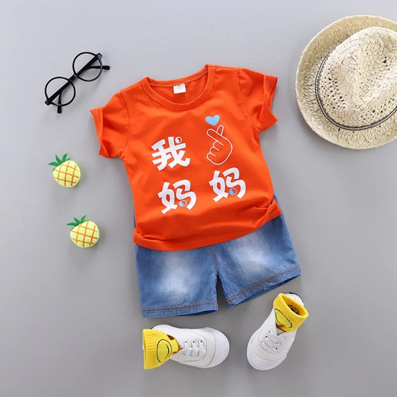 The New Summer Casual Baby Boy Letter Pattern T-Shirt And Demin Short Pant Kit Kids Toddler Two-piece Outfit Set 0-4Y The New Summer Casual Baby Boy Letter Pattern T-Shirt And Demin Short Pant Kit Kids Toddler Two-piece Outfit Set 0-4Y