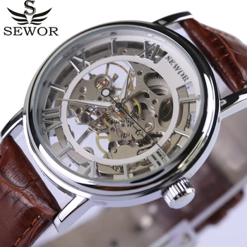 

Classic Design Skeleton Brown Leather Strap Silver Case Transparent Case Men Watch Top Brand Luxury Mechanical Watches Clock New