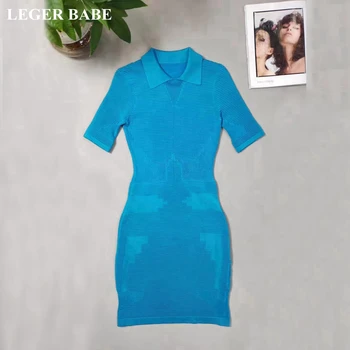 

LEGER BABE High-Quality Jacquard Rayon Bandage Dress Rayon Women Short Sleeves Cocktail Party Dress Black White Blue Rose Red