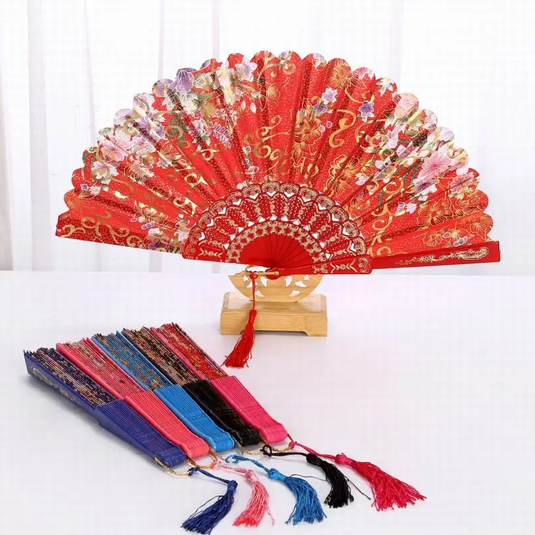 

Hot stamping Floral Silk Fan Traditional Craft Chinese Folding Dance Fan Plastic Ladies Lace Fans for Wedding 10pcs/lot