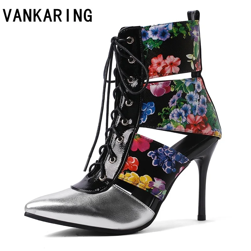 

new sexy pointed toe thin high heel black PU leather summer sandals boots women cut outs lace up ankle boots for women plus size