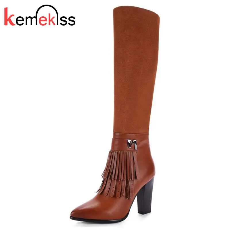 KemeKiss Size 33 43 Women Knee Boots Tassel High Heel Boots Zipper Warm Fur Shoes For Cold Winte