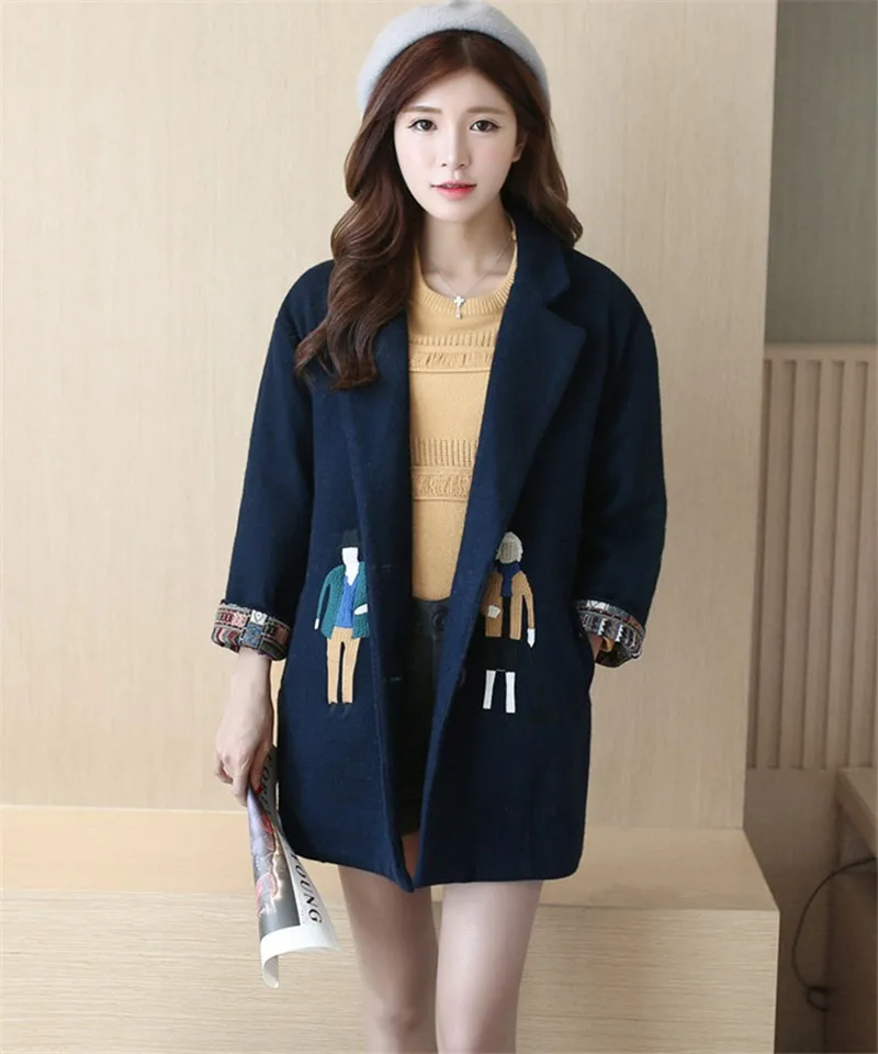 Rugod новая Корейская женская шерстяная куртка женское повседневное зимнее пальто с хлопковой подкладкой шерстяное пальто с мультяшной вышивкой Casaco Feminino
