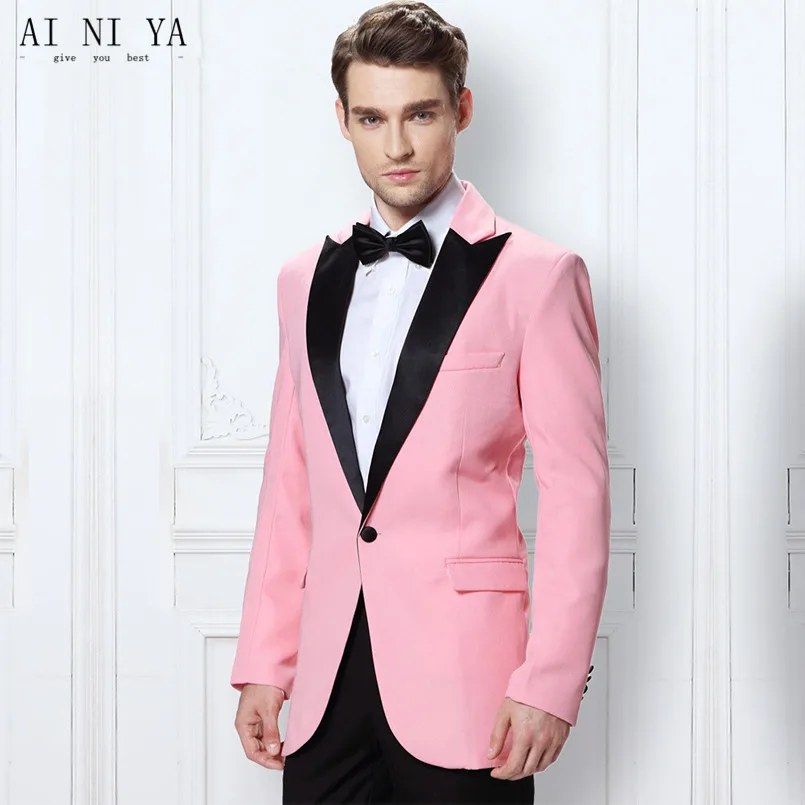 Hot Pink Prom Groomsmen Tuxedo Slim Fit Mens Suits One Buttons Black