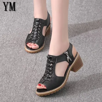 

2018 Women Laides Female Sandals Shoes Peep toe Cow Genuine Leather PU Beach Summer Cool Side Zipper Retro Size 35-40