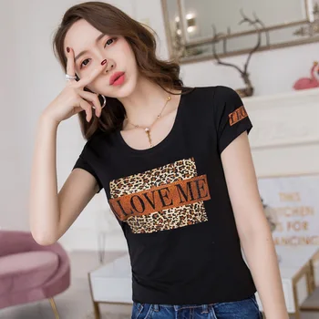 

New Arrival Women High Street Fashion Summer Letter Print Sequins Beading T Shirt Tops Female Oversize Leopard Patchwork Shirts