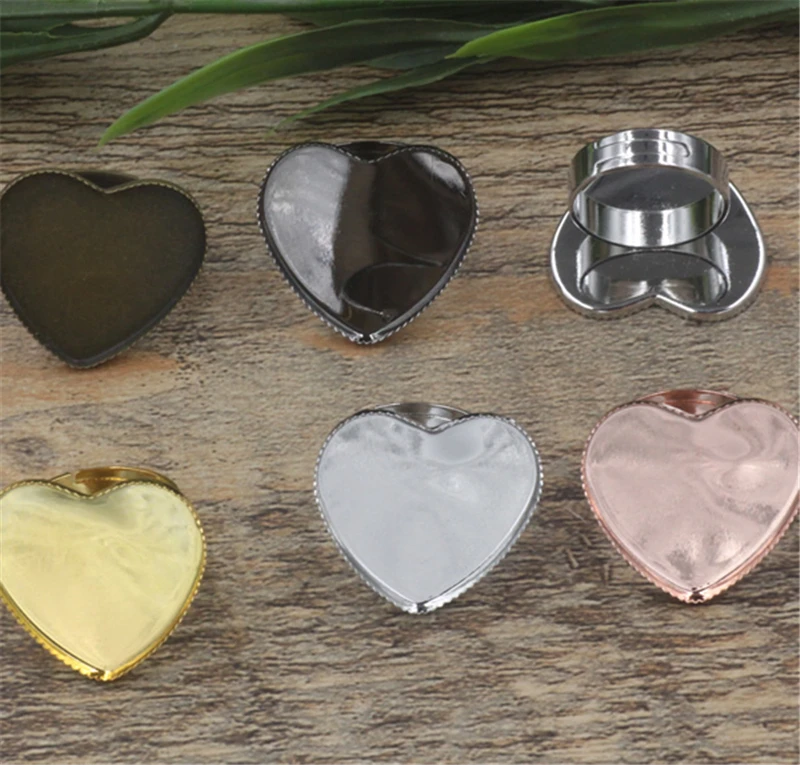 

20Pcs 25mm Heart Cabochon Base Ring Setting 6 Colors Adjustable Ring Blanks