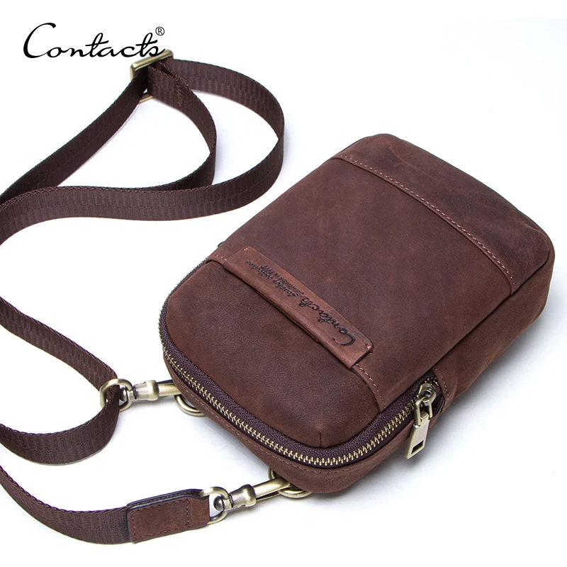 CONTACT'S genuine leather vintage men phone bag for belt shoulder bag with card holders male travel waist pack crossbody bags