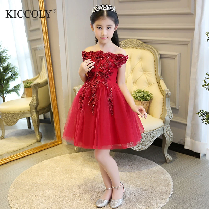 

Glizt Bead Red Tulle first communion dresses for girls Vestido Daminha Casamento Luxury Ball Gown Organza Flower Girl Dresses