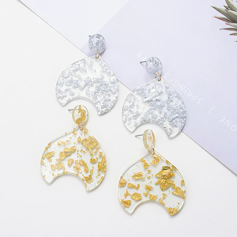 

8Seasons Exaggerated Gold/Silver Foil Fish Tail Acetate Lucite Drop Earrings For Elegant Women Wedding Party Fashion Jewelry
