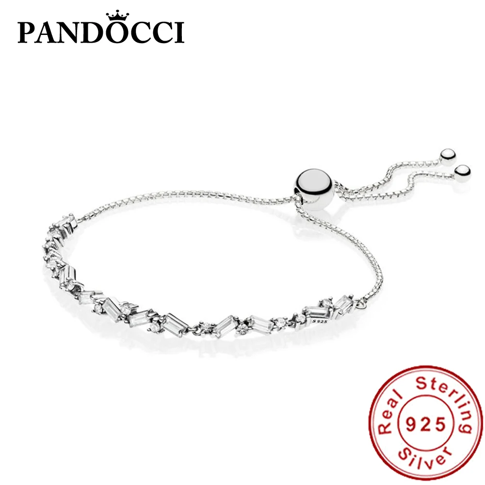 

PANDOCCI 100% 925 Sterling Silver 1:1 Winter Glacial Beauty Sliding Bracelet Adjustable Elegant Vintage Jewelry 597558CZ