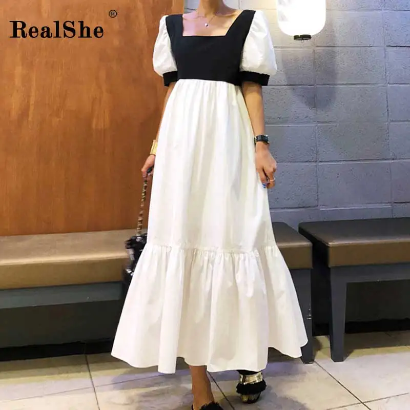 

RealShe 2019 Dress Women Square Collar Half Sleeve Patchwork Ruffles A-Line Dress Female Spring Summer Elegant Dresses Vestidos