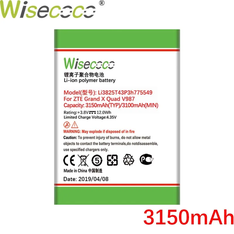 

Wisecoco Li3825T43p3h775549 3150mAh New Battery For ZTE Grand X Quad V987 U935 V967s High Quality battery