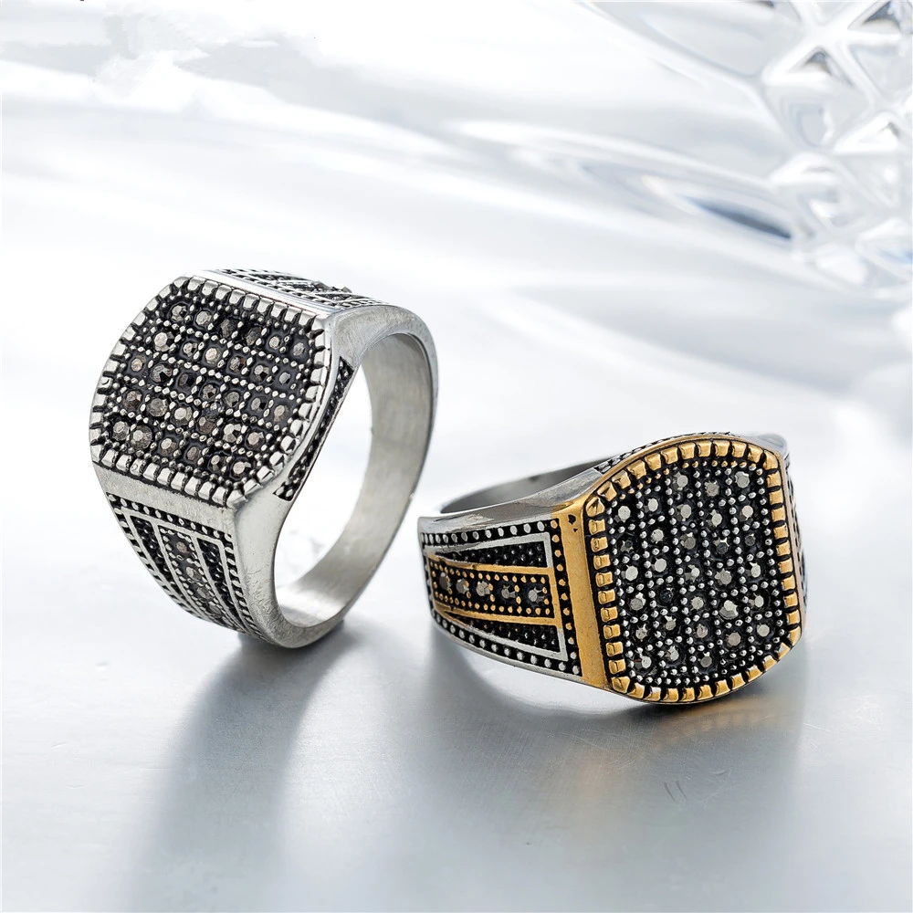 

2 color Punk Rock Style Gold Color Square Ring Mens Fashion Chunky Finger Bling Hip Hop Ring Size 6-9 Retro Titanium Steel Rings