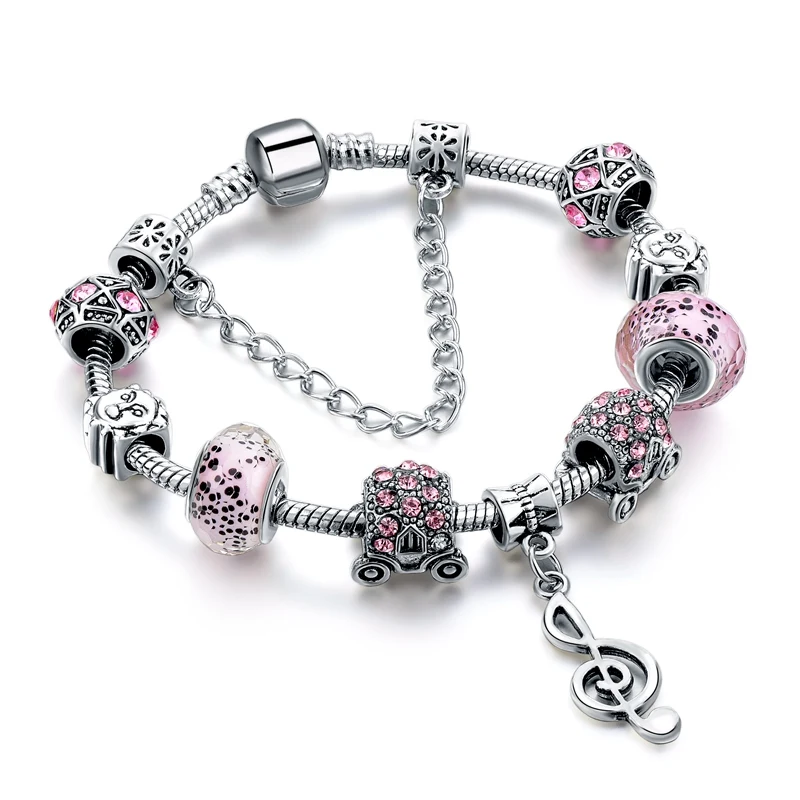 Music Note Pendant Charm Bracelet European Authentic Silver Plated Pink