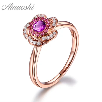 

AINUOSHI Natural Amethyst Flower Ring 0.5ct Round Cut Gemstone Engagement Women Jewelry Rose Gold Color 925 Sterling Silver Ring