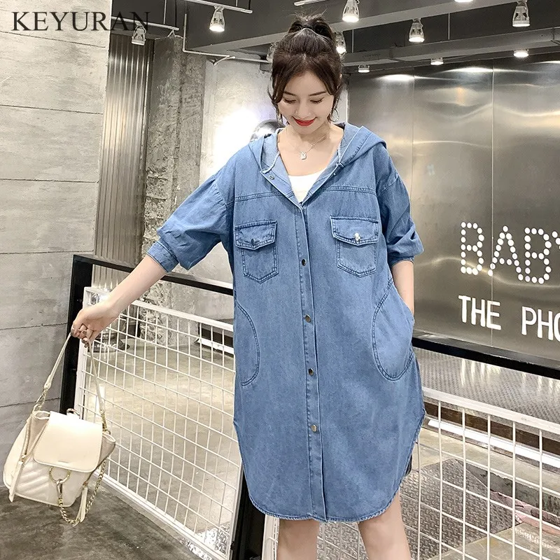 Women Hooded Casual Long Sleeve Denim Jacket Long Jean Coat Outwear Overcoat