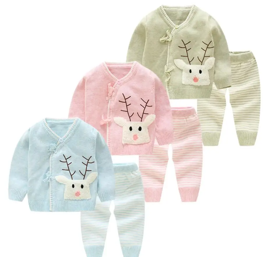 

2PCs/set Spring Autumn Unisex Baby Boys Girls Clothing Reindeer Stripe Sweater Suit Newborn Infant Girl Sweater Coat 0-6Months