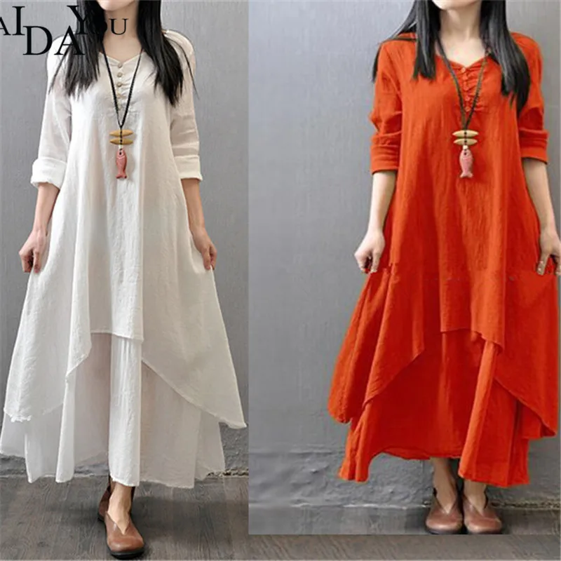 AIDAYOU Big Size Maxi Dresses Women False Two-piece Long Sleeve Cotton Linen Dress Casual Boho Plus Size Dress 4XL 5XL ouc3340