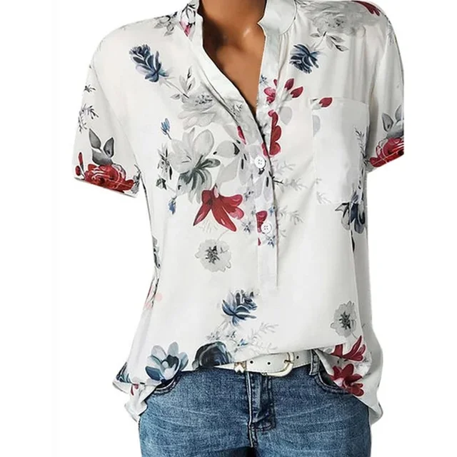 Elegant women's shirt printing large size casual shirt fashion V-neck short-sleeved shirt blouse white