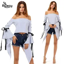 Ruoru European Style Striped Women Blouse Bell Sleeve Blouse Shirts with Bows Flare Sleeve Blusa Fashion Short Off Shoulder Tops bell sleeve rhinestoned scalloped blouse