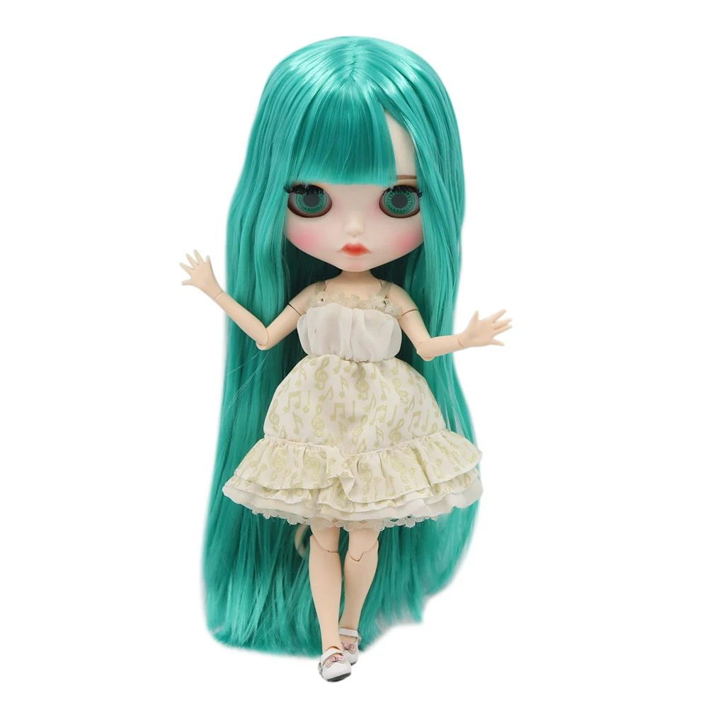 Blythe Nude Doll from Factory Jointed Body White Skin Green Staight Hair 