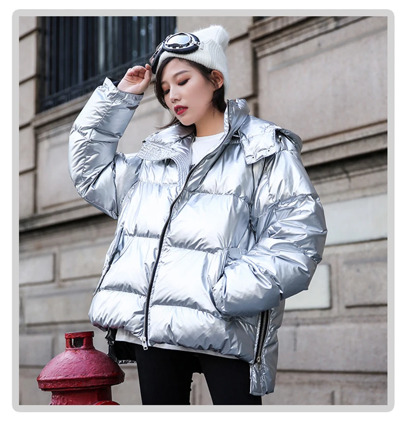 Размера плюс, зимний глянцевый пуховик для женщин, теплая лакированная кожаная парка, Женская куртка с металлической серебряной молнией, женская верхняя одежда