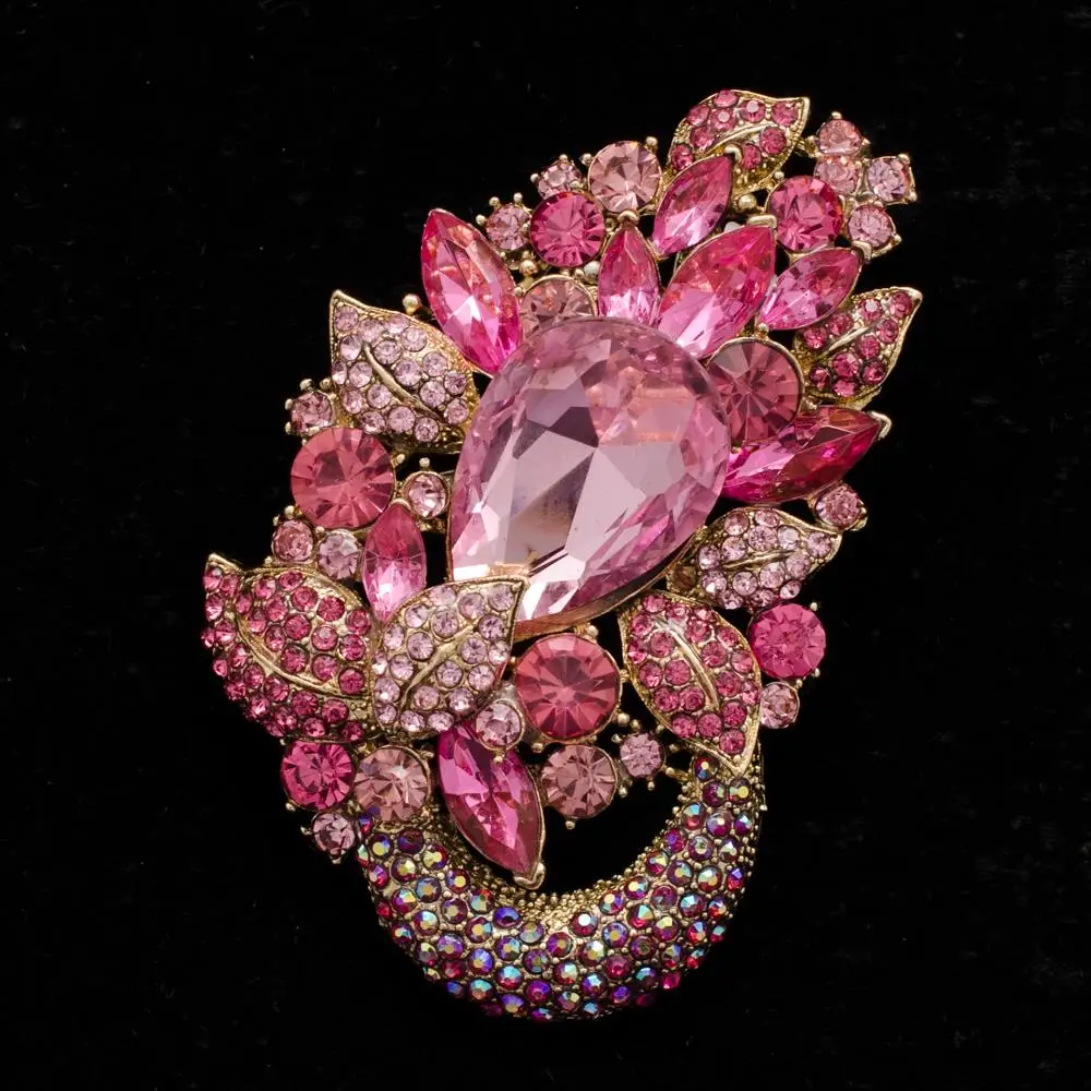 Drop Rhinestone Crystal Pink Flower Pendant Brooch Pins for Women