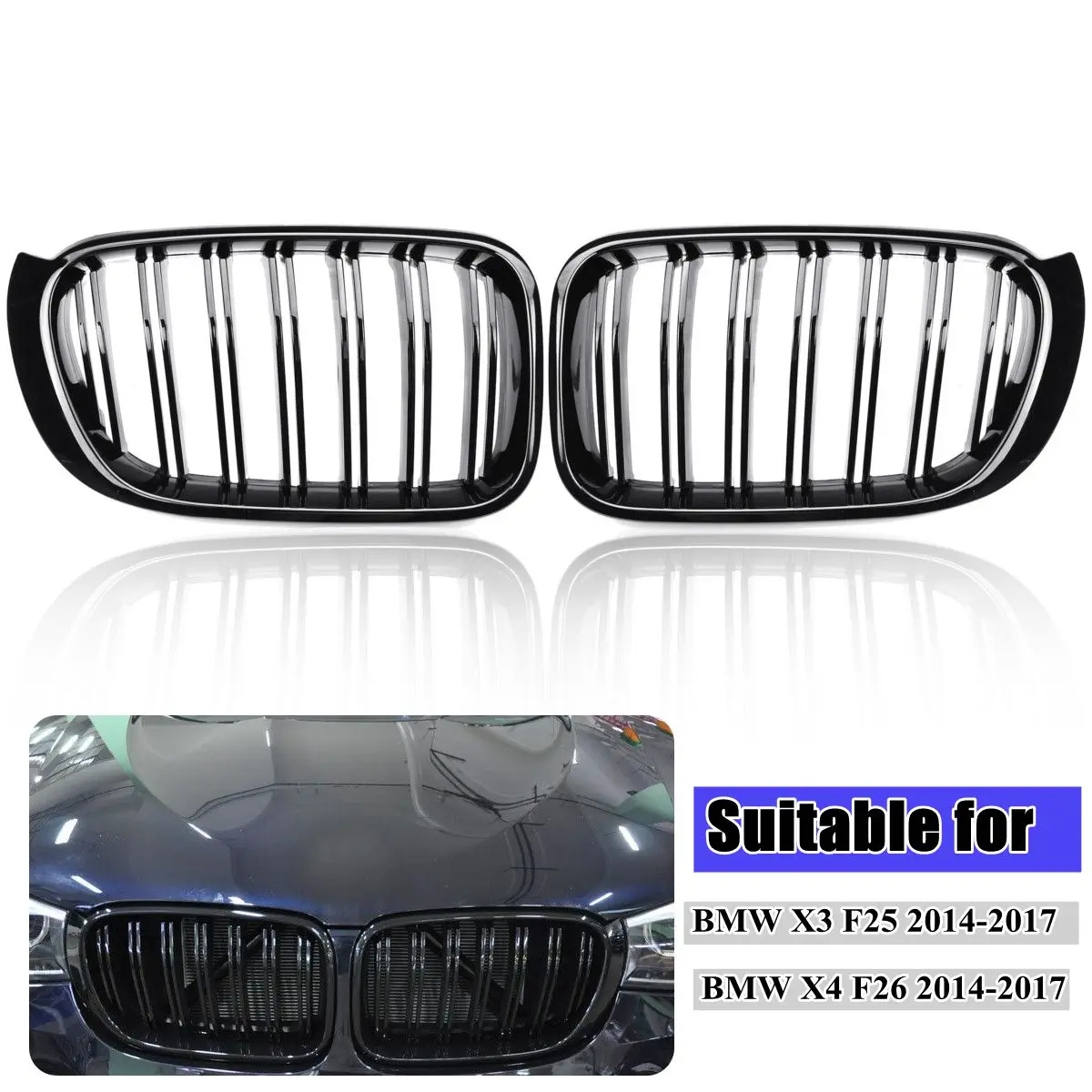 

2Pcs M Style Car Front Grille Grill Mesh Net Trim Strip Cover Gloss Black For BMW X3 X4 F25/F26 2014 2015 2016 2017