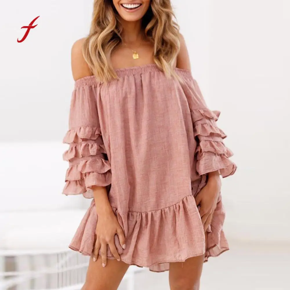 

Ruffled Layered Sleeved Casual Dress Women Off Shoulder Loose Evening Party Short Mini Dress Summer New Arrival 2019 Vestidos