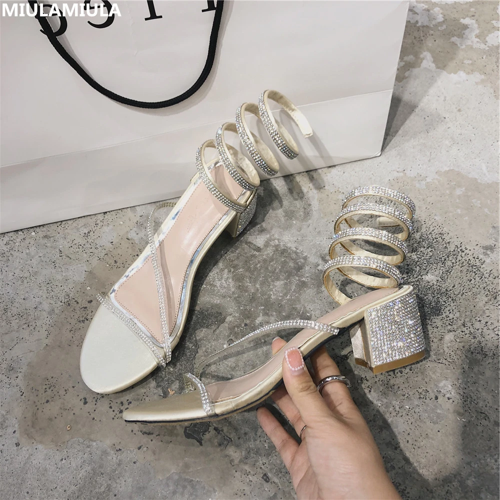 

MIULAMIULA Brand Designer 2019 Summer New Elegant Luxury Bling Crystal Cross Tie Square Heels Woman Sandals Lady Shoes For Party