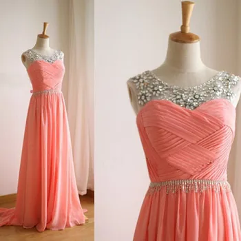 

Fashion Beading Crystal Pleat Chiffon Long Prom Gown A-line Sexy Wedding Party Dress Custom Made