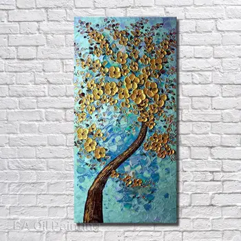 

Hand Painted Abstract Golden Flower Tree Oil Painting Wall Pictures On Canvas Modern Home Decorative for Living Room no Framed