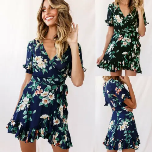 Женское Короткое мини платье Boho летнее пляжное с коротким рукавом и высокой