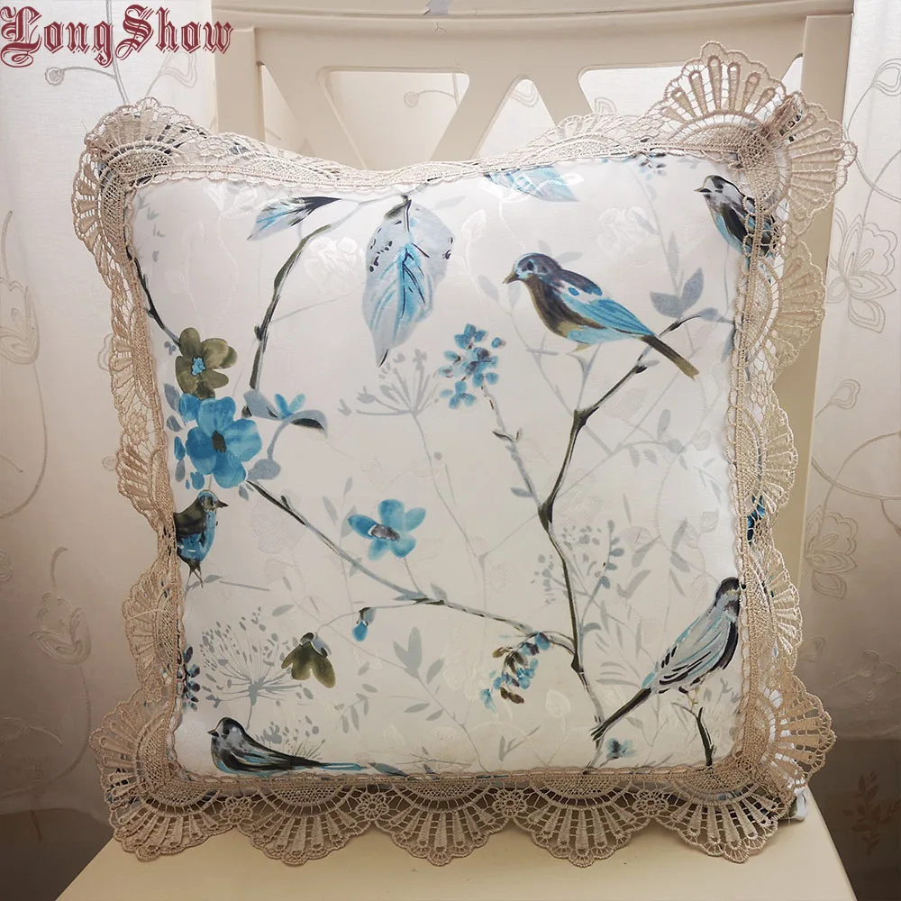 

2019 Newest 45x45cm Square Blue Birds And Tree Branches Pattern Comfortable Jacquard Pillow Case Pillow Cover