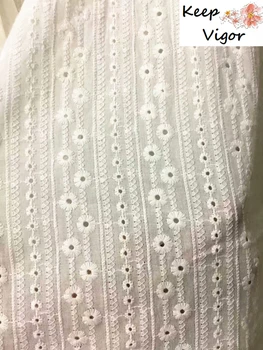

NEW! (1yard) 100% cotton white good quality fashion feminine stripes full embroidery fabric for lady dress wedding party lace