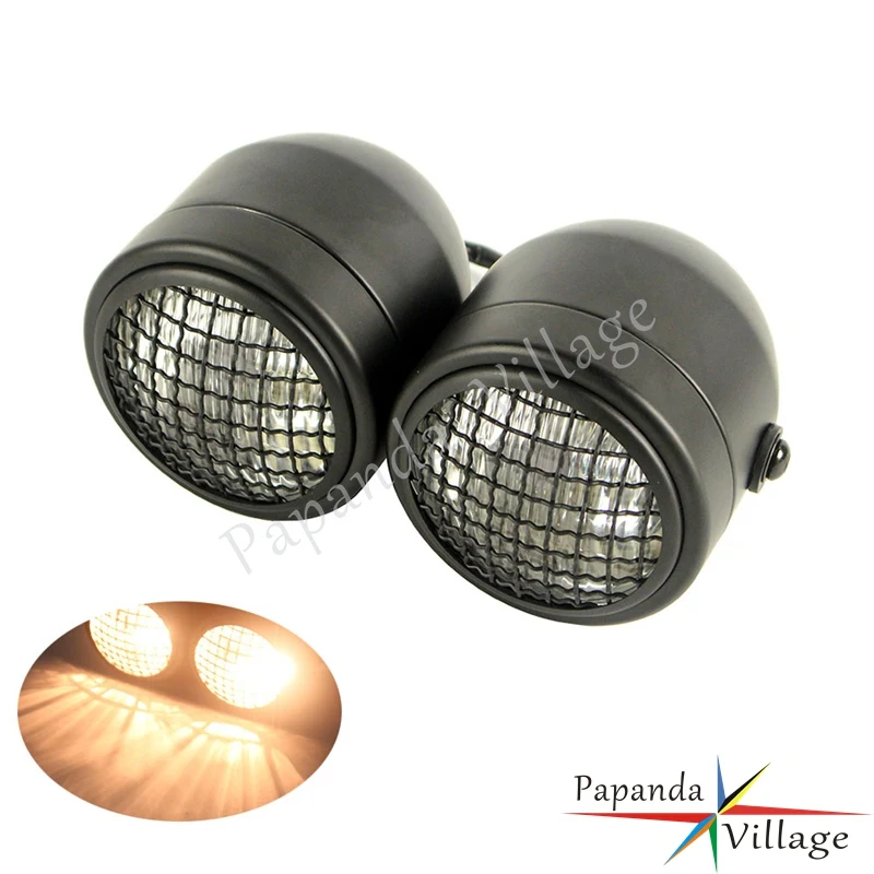 Black Motorcycle Dominator Twins Headlights w/Grill Guard Dual Front