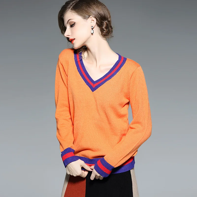V-neck elastic knit patchwork loose pullovers sweater 2018 new women autumn basic long sleeve sweater
