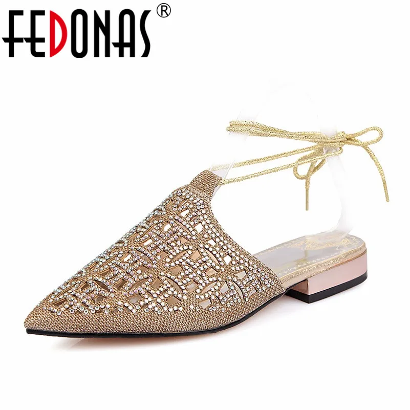 

FEDONAS Woman Fashion Flats Heels Sandals Sexy Pointed Toe Rhinestone Slingbacks Ankle Buckle Fashion Comfort Shoes Gold Silver