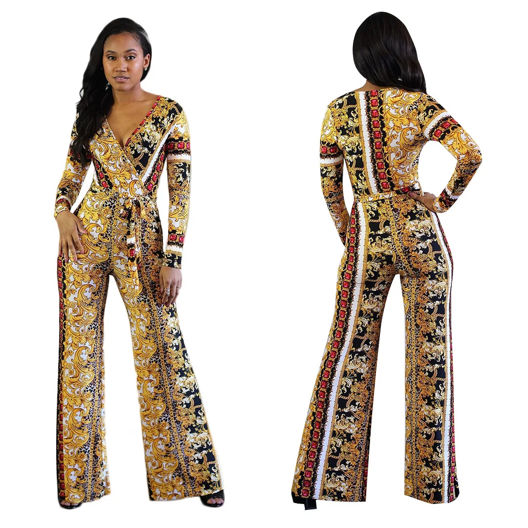 

New spring/summer 2019, fashionable African clothing, fashion prints, long sleeve jumpsuit, including belt