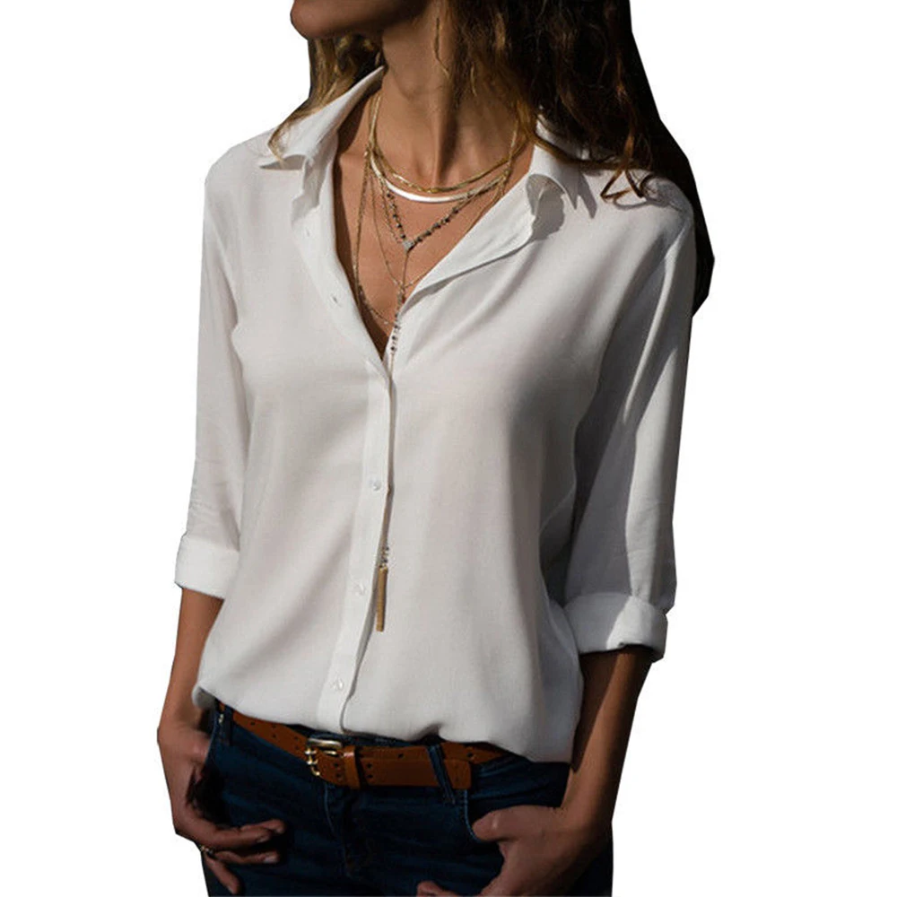 

Summer Casual Blouse Women Long Sleeve Slim Women Tunic Solid Plus Size Top Turn-down Collar Botton Womens Tops And Blouses