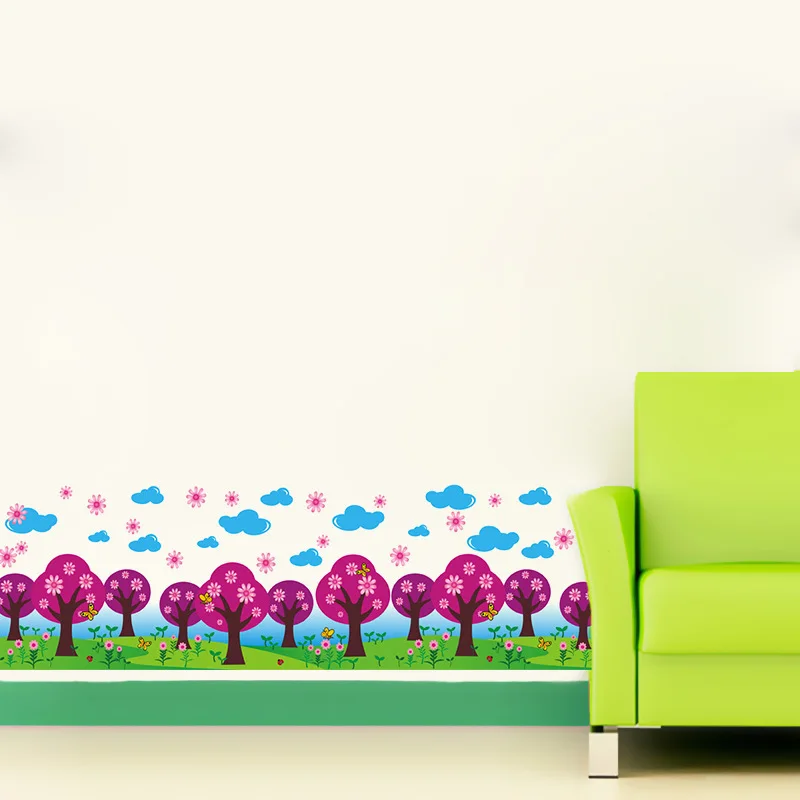Colorful Tree Flowers Fence Wall Border Decal Sticker Kids Room Wall