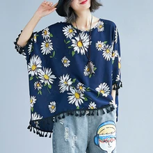 Dsvaenhd, рукав летучая мышь, весна-лето, футболка с маргариткой, топы для женщин, женские футболки с принтом s, футболки с кисточками и круглым вырезом, женская одежда