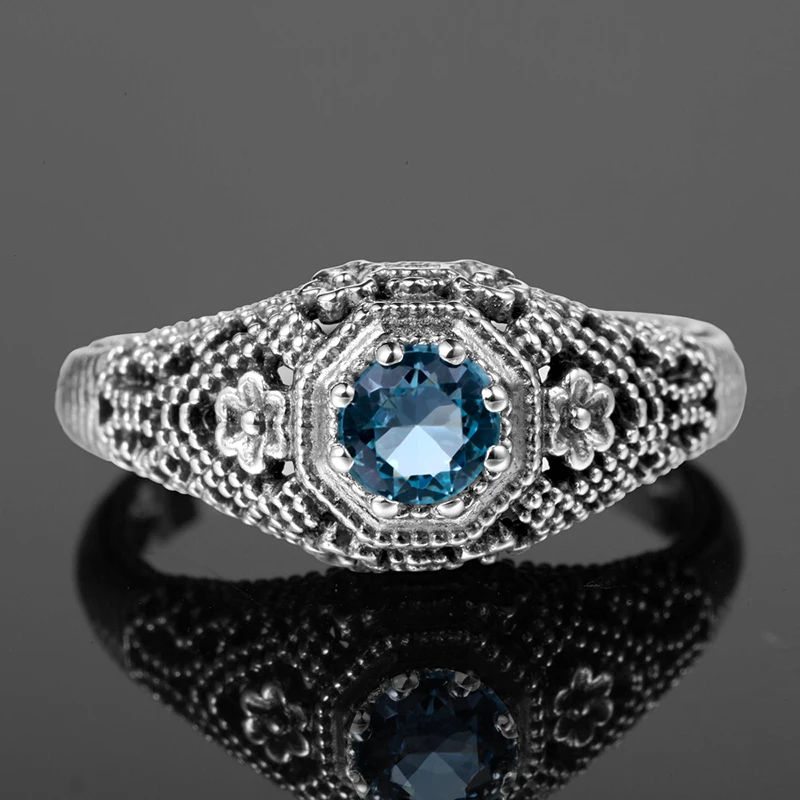 Szjinao Finger Rings For Women Vintage Blue Aquamarine Flower Ring Solid 925 sterling- silver-jewelry Crystal bachelorette party