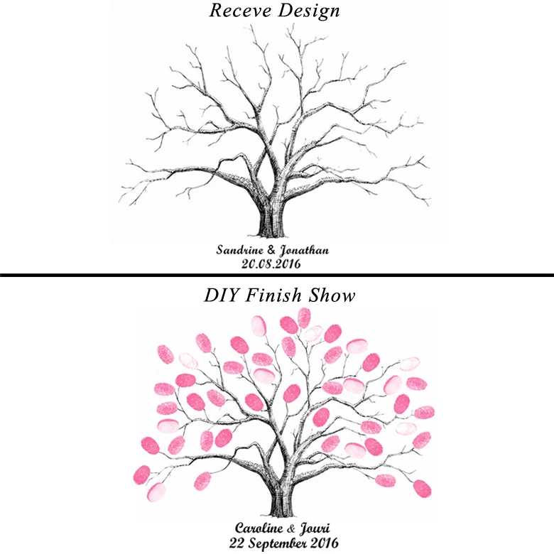 Холст свадебное дерево отпечаток пальцев Подпись гость книга свадебный подарок вечерние наборы; детский душ дерево с отпечатками пальцев+ 2 чернильницы - Цвет: HK001