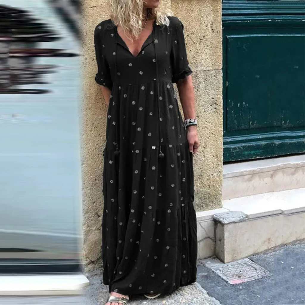 

Women Summer Dress Polka Dot Print Ruffle Dress Sexy V-Neck Lace Long Party Dress Casual Elegant Boho Beach Maxi Dresses Vestido