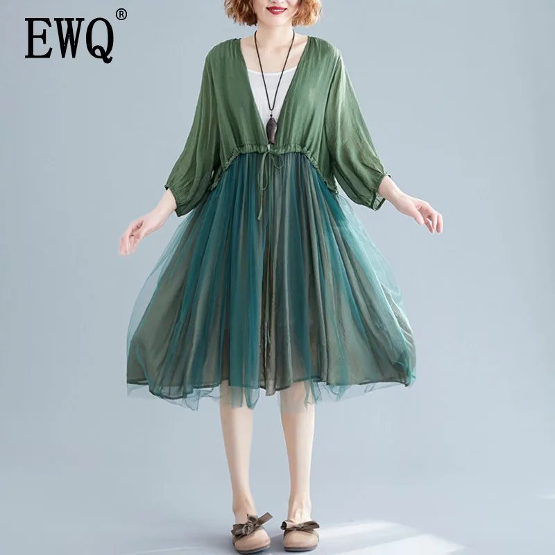 

[EWQ] 2019 Spring Summer New Pattern Casual Style Fashion Woolen Fabric Half-length Sleeve Irregular Mesh Skirt Loose Coat AF407